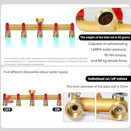 Garden Hose Splitter, 3/4” Rust and Freeze Resistant Outdoor Hose Manifold with 5 Red Extra Long Handles Faucet Adapter-Heavy Duty Brass 5-Way Valve