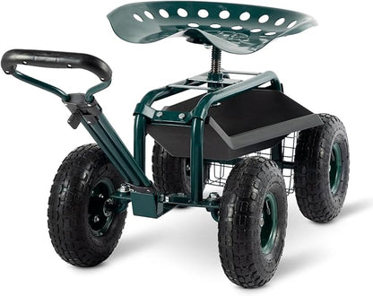 Garden Cart with Seat Outdoor Gardening Carts Heavy Duty Rolling Garden Stools Scooter with Handle and Storage for Seniors, Green