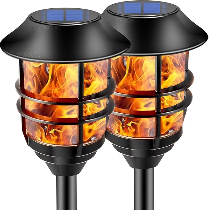 ZOOHAR Solar Outdoor Lights,Extra-Tall Solar Torches with Flickering Flame 2-Pack Waterproof Garden Lights,Stainless Steel Pathway Lighting Garden Decor, Yard Decorations Outdoor Auto On/Off