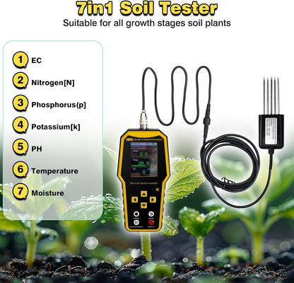 New 7 in 1 Soil Tester with LCD Display, Nitrogen Phosphorus Potassium NPK Tester, Handheld Soil PH Meter Kit, Temperature, Conductivity, Moisture, EC Meter for Agriculture and Surveying