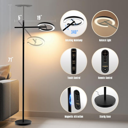 GLOWRIUM-H1B Light Therapy Lamp 12000 Lux, LED UV-Free Sun Lamp, Full Spectrum Happy Natural Mood Therapy Light, Stepless Dimmable Modern Sunlight Floor Light with Remote and Timer