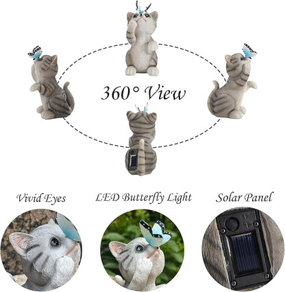 Solar Cat Outdoor Figurines Garden Decor with Butterfly Cat Statue Light for Lawn Ornaments Porch Patio Balcony Yard Decorations Outdoor Birthday Gifts for Women Grandma Mother’s Day