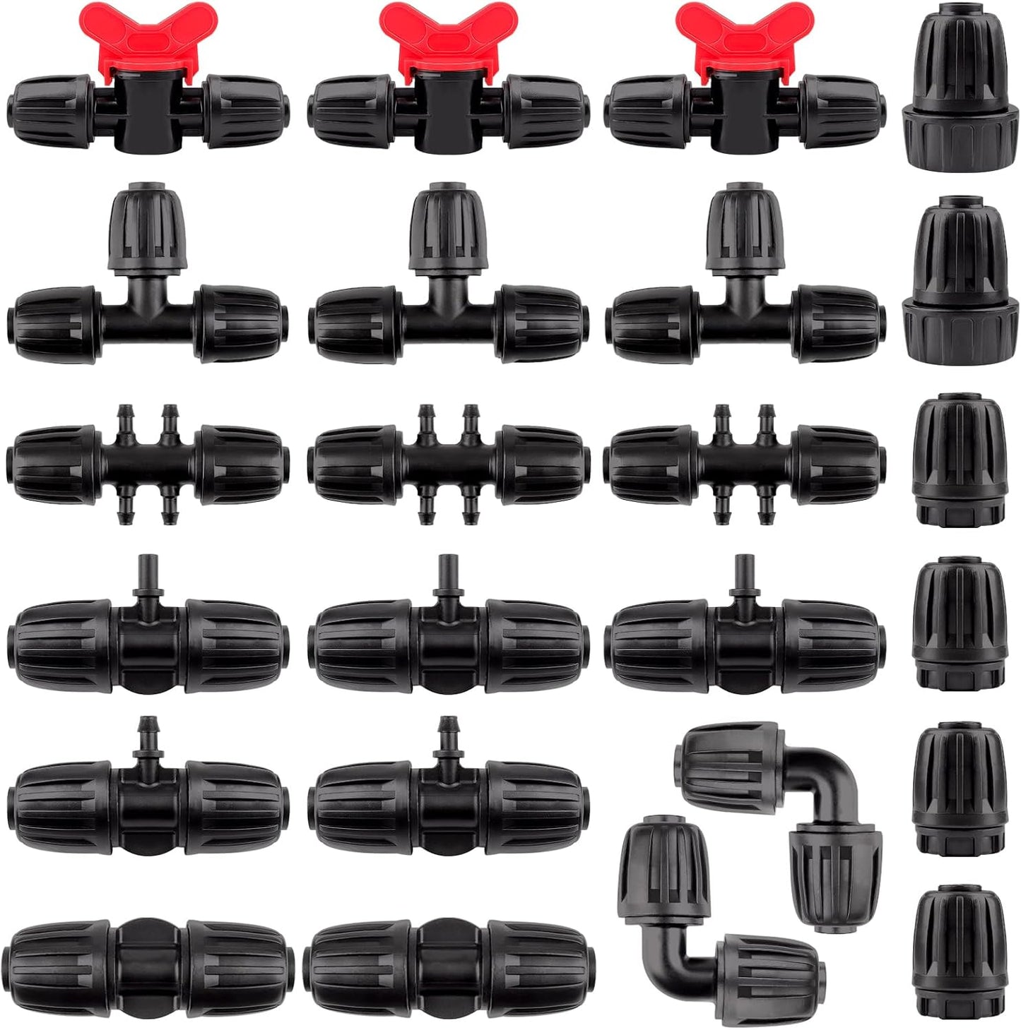 24 Pcs 1/2 inch Tubing Irrigation Fittings Kit, Kalolary Barbed Locked Connectors for Garden Lawn Drip Irrigation System(Switch Valves, T Connectors, Tees, Elbows, Ends, 1/2" to 1/4" tubing Reducers)