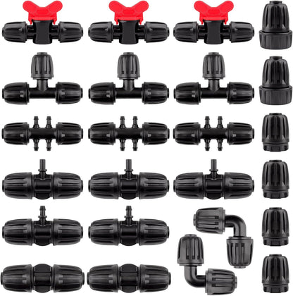 24 Pcs 1/2 inch Tubing Irrigation Fittings Kit, Kalolary Barbed Locked Connectors for Garden Lawn Drip Irrigation System(Switch Valves, T Connectors, Tees, Elbows, Ends, 1/2" to 1/4" tubing Reducers)