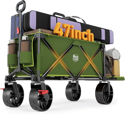 Timber Ridge 47" L Collapsible Wagon with Tailgate & Brake, 300lbs Heavy Duty Beach Wagon with All-Terrain Big Wheels, 250L Foldable Utility Cart for Sand Camping Sports Shopping, Green