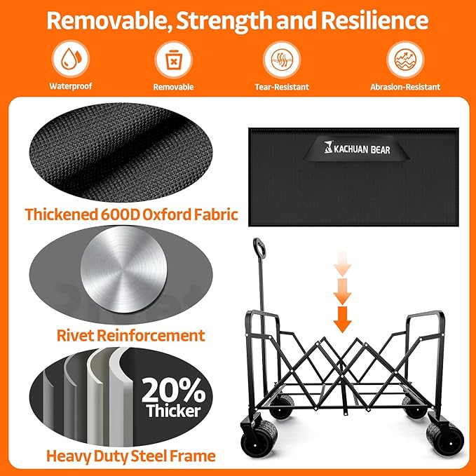 300L Large Collapsible Wagons Carts with Big All-Terrain Beach Wheels, Foldable Shopping Wagon Cart, Heavy Duty 480lbs Load, Folding Utility Cart for Groceries Garden Sport (Black)