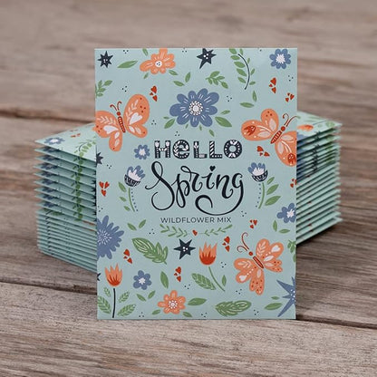 Hello Spring Blue Background - Wildflower Mix Seed Packets: 25 Wildflower Seed Packets for Planting - Flower Seeds - Garden Seed to Grow Live Plants - Spring Flowers - Bentley Seed Co.