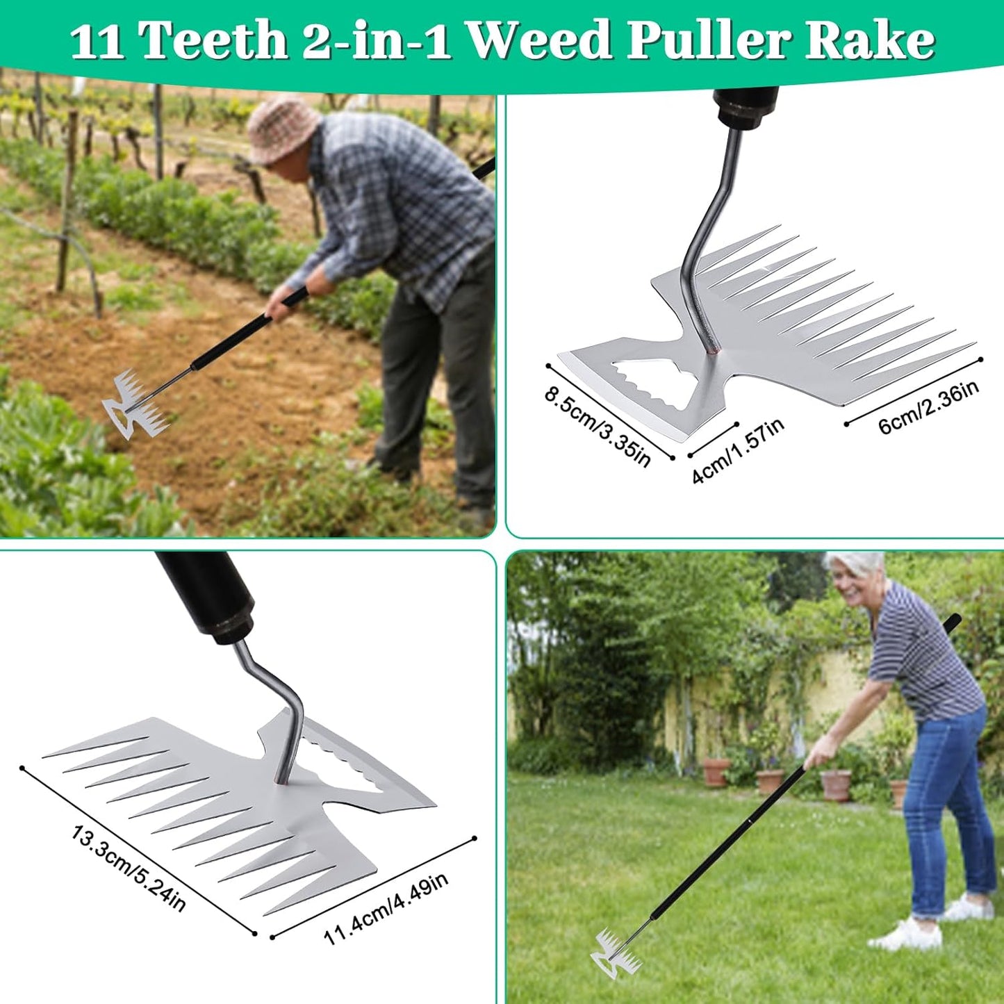 2-in-1 Weed Puller Rake Hand Weeder Garden Tools,New 11 Teeth Uprooting Weeding Tool with Adjustable Long Handle,Manganese Steel Weed Remover Tool for Garden,Lawn Weeding and Loosening Soil（Black）