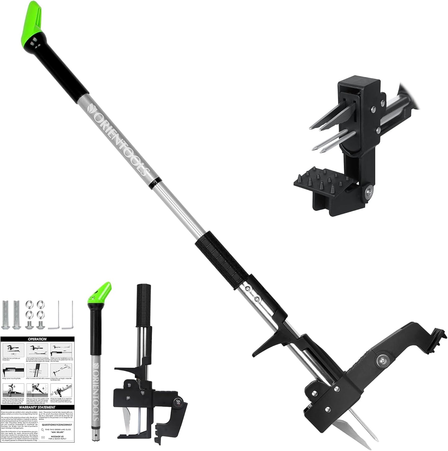 ORIENTOOLS Weed Puller, Stand Up Weed Puller, 32 to 41 inch Long Handle, Upgrade Detachable Telescopic Handle Garden Weeding Tool with 4 Claws for Labor Saving Dandelions Remover Tool