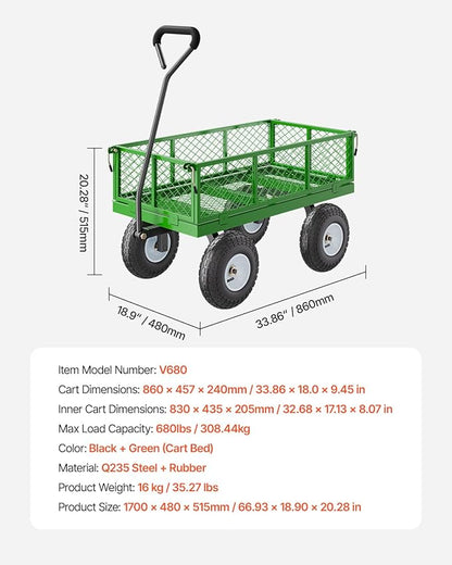 VEVOR 680 Lbs Steel Garden Cart on Wheels, Heavy Duty Garden Wagon Cart Pullable, Metal Outdoor Utility Yard Wagon Carts with 10" Tires, Mesh Removable Sides and 180°Rotating Handle