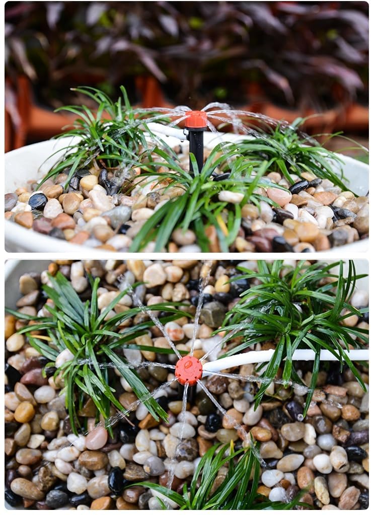 50pcs Drip Emitters for 1/4" Drip Irrigation Tubing, Adjustable 360 Degree Water Flow Drippers on 5" Arrow Stake, Garden Irrigation Drippers for (4-7mm) Watering System