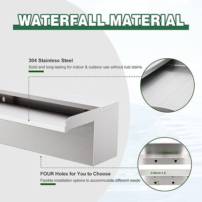 Waterfall Pool Fountain LONGRUNNEW 304 Stainless Steel 35.4" Rectangular Waterfall Spillway, Water Fall Fountain with Pipe Connector for Garden Outdoor, Swimming Pools, Fountains, Pond and Spa