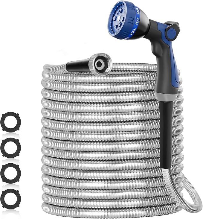 SPECILITE 50ft 304 Stainless Steel Garden Hose Metal, Heavy Duty Water Pipe with Nozzles for Yard, Outdoor - Flexible, Never Kink & Tangle, Puncture Resistant (Sliver)