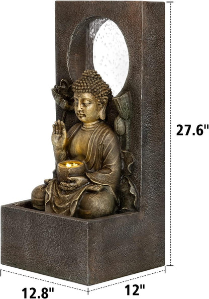 Ferrisland Buddha Waterfall Fountain Indoor & Outdoor, Freestanding Relaxing Water Fountain, Asian Zen Fengshui Patio Garden Backyard Decking Home Decor, Gift Ideas (Gold, 27.6" H)