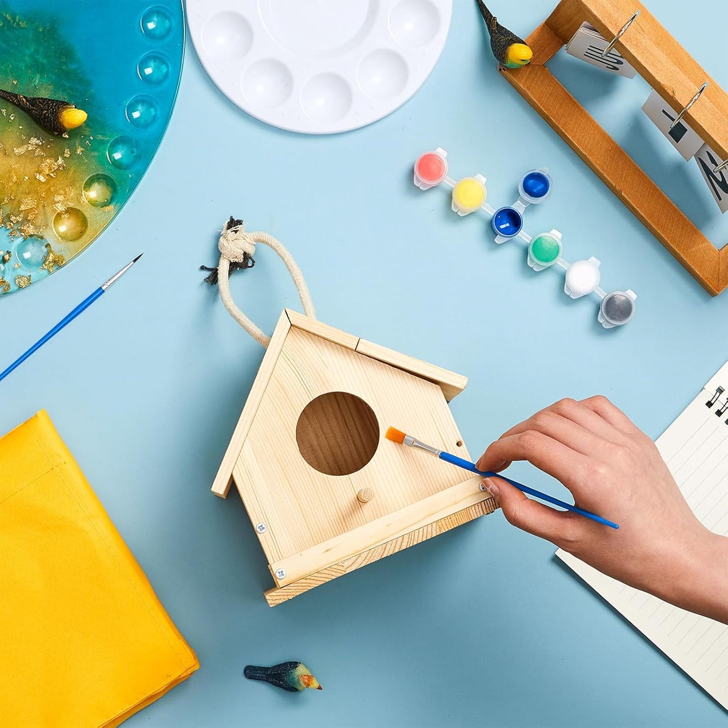 Liliful 8 Sets Wooden DIY Birdhouse Kit Unfinished Bird Houses with Paints and Paintbrushes Bird Feeder Craft Arts for Boy or Girl Classroom Activity and Christmas Kids Wooden Craft Gifts