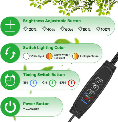 Full Spectrum LED Grow Light for Indoor Plants, 3Heads Grow Lights for Seed Starting, 10 Dimmable Levels & 3 Timer Modes (3/9/12H), Adjustable 360° Gooseneck with Clip, Plant Grow Light 2 Pack