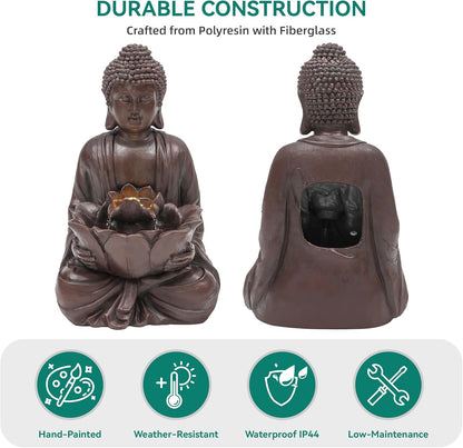 18.9" H Buddha Outdoor Water Fountain with LED Lights and Pump,Zen Style Relaxing Garden Fountain Waterfall for Patio, Porch, or Yard, Faux Bronze