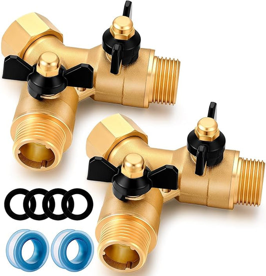 Garden Hose Splitter Full Flow Splitter No Restricted-Flow Connector Heavy Duty Brass Hose y Splitter, 2 way High Flow Hose Bib Adapter with Shut Off Valves (Butterfly Handle 2PCS)