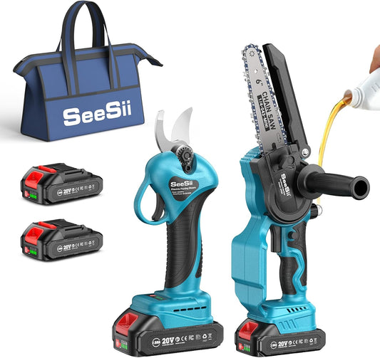 SEESII Mini Chainsaw & Pruning Shears: 6" Electric Saw Brushless & 1.3" Pruner with 2×2.0Ah Batteries, Cordless Combo for Wood Cutting/Branch Trimming, Gardening Tools for Dad Men Husband