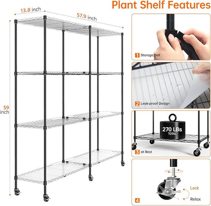 Bstrip Plant Shelf with Grow Light, 4-Tier Large Grow Light Shelf with Wheels, Stainless Steel, 12-Pack 288W T8 Full Spectrum Grow Lights for Seed Starting(57.4" L x 13.8" W x 59" H)
