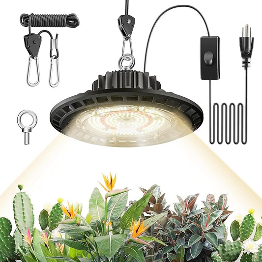 100W Hanging LED Grow Light for Indoor Plants, Full Spectrum UFO Lamp, IP65 Waterproof, 9.8 ft Cord with On/Off Switch, Smart Plug Compatible for Hydroponics, Greenhouse, Grow Tent
