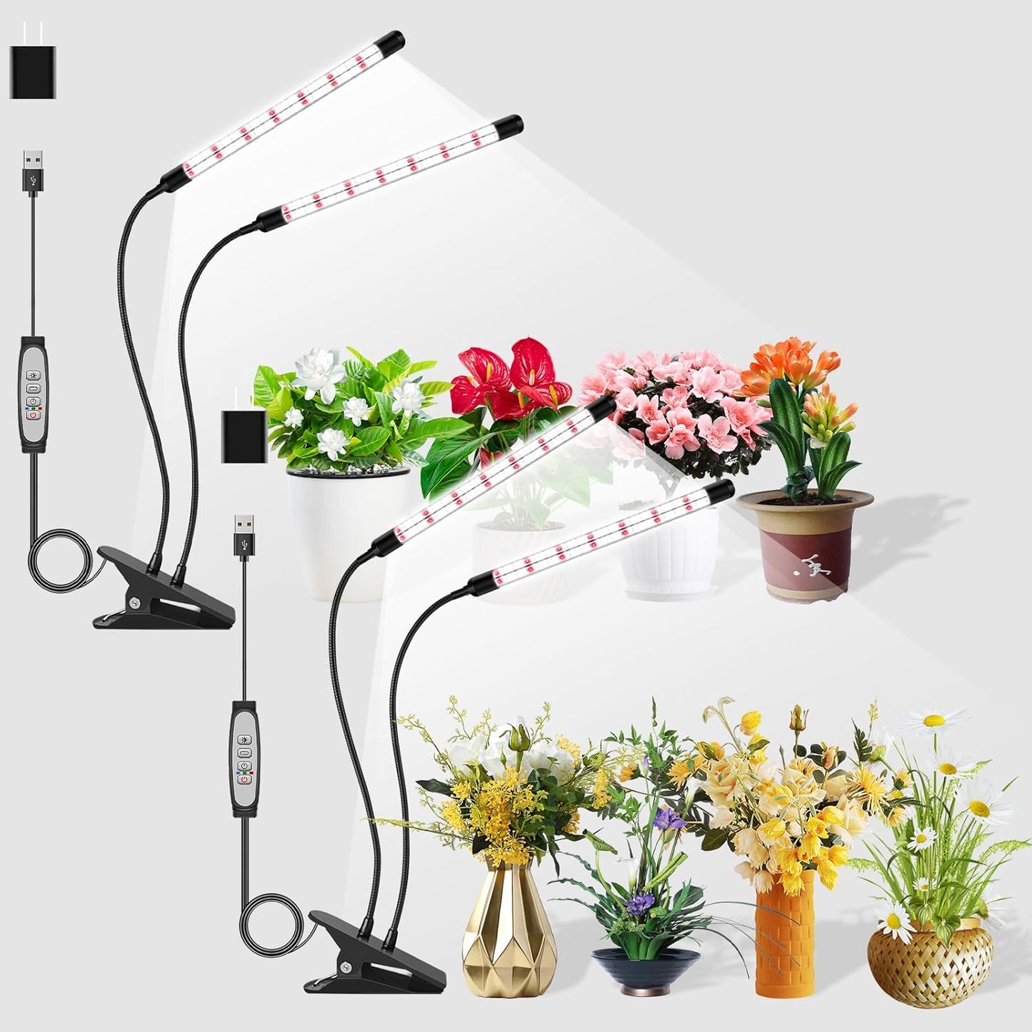 V-Shape Grow Lights for Indoor Plants Full Spectrum, 2 Heads LED Plant Lamps with Clips and 5 Dimmable Level and 6/12/18H Timer for Plant Growing(Pack 2)