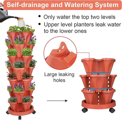 Vertical Planter 7 Tier Stackable Planters Garden Planters Strawberry Herb Flower and Vegetable Planter Indoor Outdoor Gardening Pots with Removable Wheels and Tools