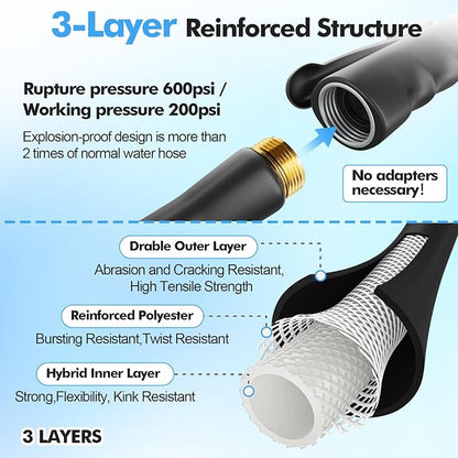 SPECILITE 3/4" Hot/Cold Garden Hose 150 ft with Industrial High Pressure Nozzle, Flexible & Lightweight, 600psi Burst Rubber Water hose -50℉-158℉ With 3/4" Brass Fittings for Yard, Black