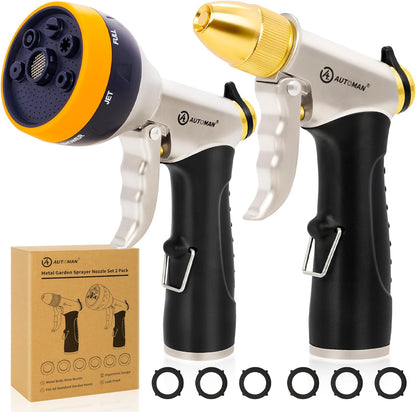 AUTOMAN Garden Hose Nozzles - High Pressure 100% Metal Hose Sprayer 2 Pack, Heavy Duty Garden Watering Nozzle Set, Powerful Garden Nozzle for Watering Plants, Window Cleaning,Washing Cars,Pets Bathing