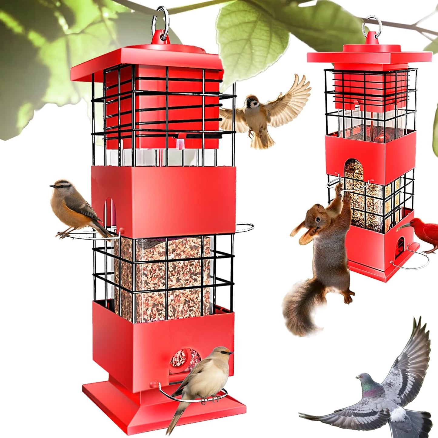 Squirrel Proof Bird Feeders for Outdoors Hanging, Metal Tube Bird Feeder w/4 Feeding Ports, Gravity Protection Wild Bird Feeders for Outside Backyard, Cardinal, Sparrow, Finch (3.5LB, Red)