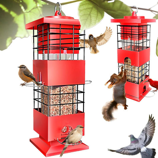 Squirrel Proof Bird Feeders for Outdoors Hanging, Metal Tube Bird Feeder w/4 Feeding Ports, Gravity Protection Wild Bird Feeders for Outside Backyard, Cardinal, Sparrow, Finch (3.5LB, Red)