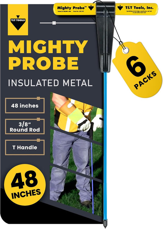 T&T Tools 48-Inch Mighty Probe Insulated Metal Soil Probe – 3/8" Metal Round Rod, Heavy Duty Design for Easy Penetration & Withdrawal, Soil Testing & Landscaping Tools, T-Handle, USA-Made-6 Pack