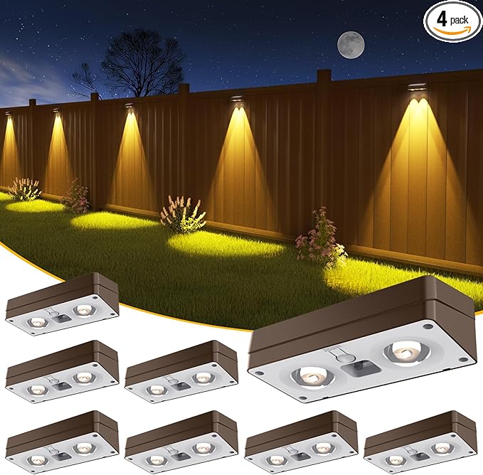 Solar Fence Lights 8 Pack Brown, 50 Lumens Outdoor Fence Lights Solar Powered with 12 Modes RGB Color Glow, LED Deck Lighting Outdoor Waterproof IP65, Backyard, Deck, Porch, Railing, Pool, Wall