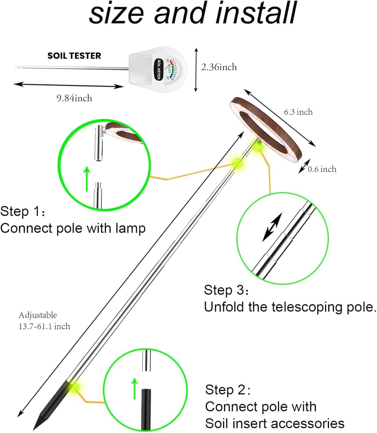 Plant Grow Light,yadoker LED Growing Light Full Spectrum for Indoor Plants, Paired with a Soil Tester,Height Adjustable, Automatic Timer, 5V Low Safe Voltage,Idea for Large Plant Light