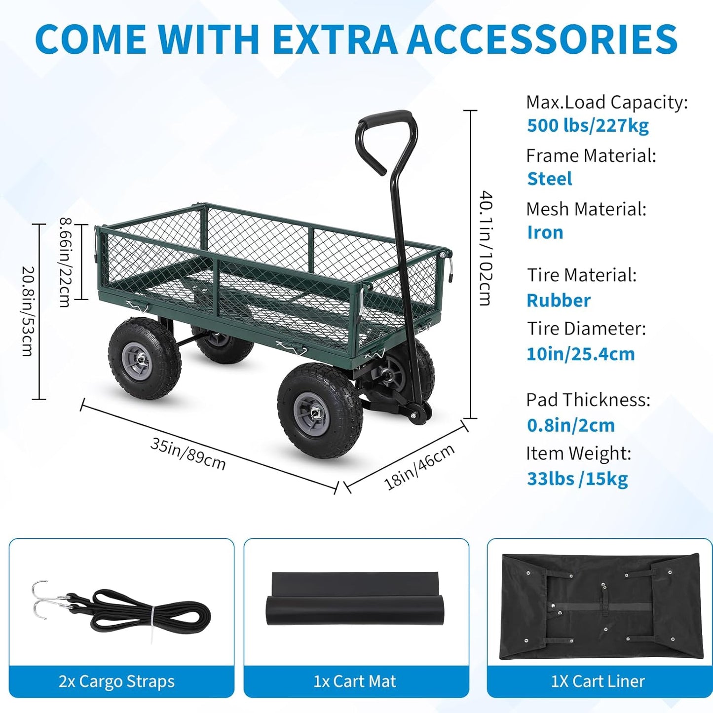 Heavy Duty Steel Garden Cart Folding Utility Wagon with Removable Cart Liner, 500 Lbs Capacity