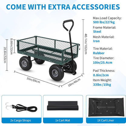 Heavy Duty Steel Garden Cart Folding Utility Wagon with Removable Cart Liner, 500 Lbs Capacity