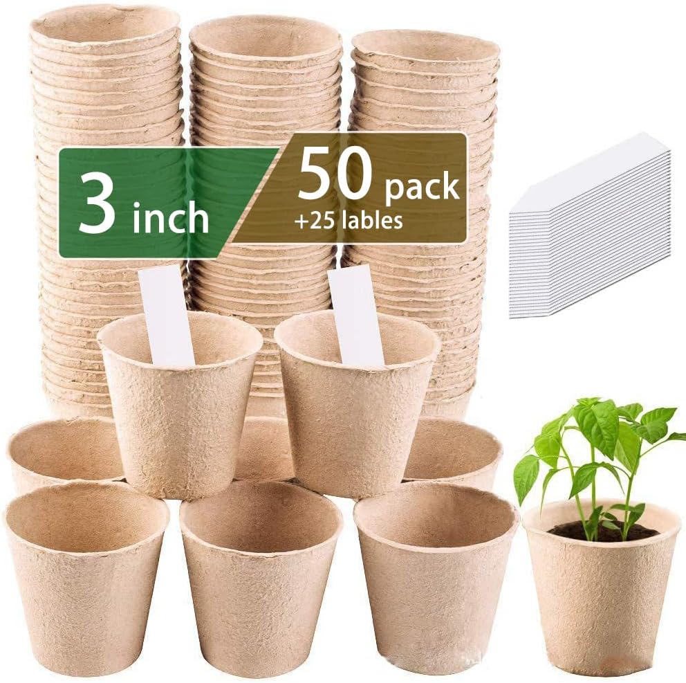 3T GROUP 50 Pcs 3 Inch Small Plant Pots,Compostable Flower Pots for Plants,Biodegradable Seed Pots,Disposable Planting Peat Pot Cups with Labels for Vegetables,Fruit
