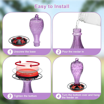 Hand Blown Glass Hummingbird Feeder for Outdoors Hanging with Ant Moat, Never Fade, 20 Ounces, Leak-Proof‌, Garden Backyard Decor for Bird Watching, for Mom Dad, Purple