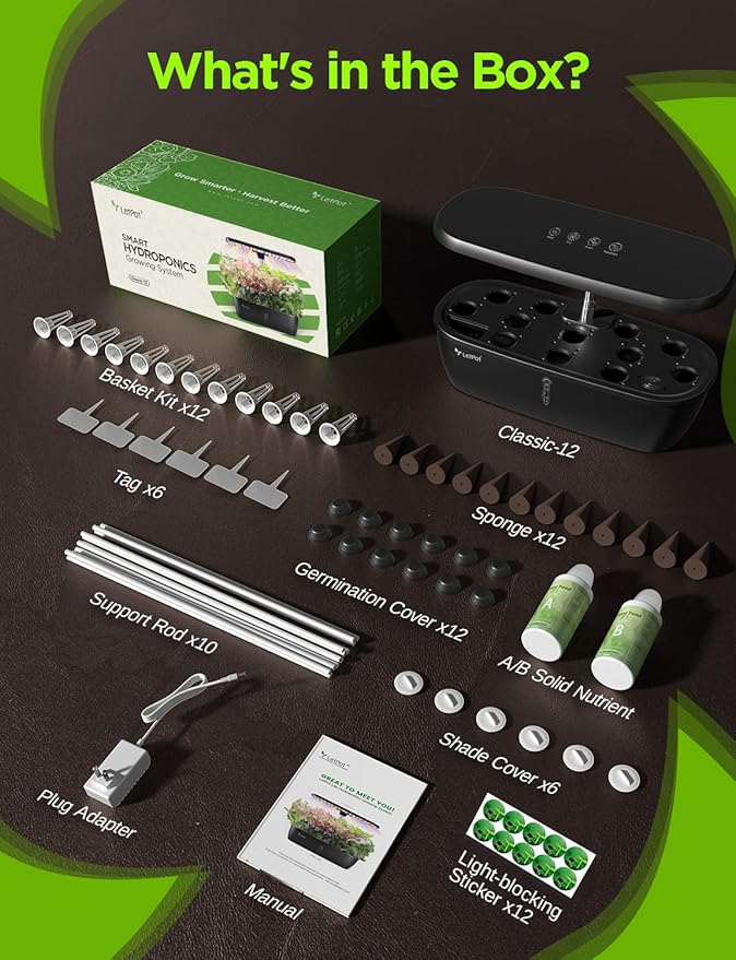 LetPot Classic 12 Pods Hydroponic Growing System Kit, 24W Full-Spectrum LED Indoor Herb Garden, Dual Veg/Fruit Modes & 2-Level Brightness, Adjustable 21'' Stand & Quiet 5.5L Tank