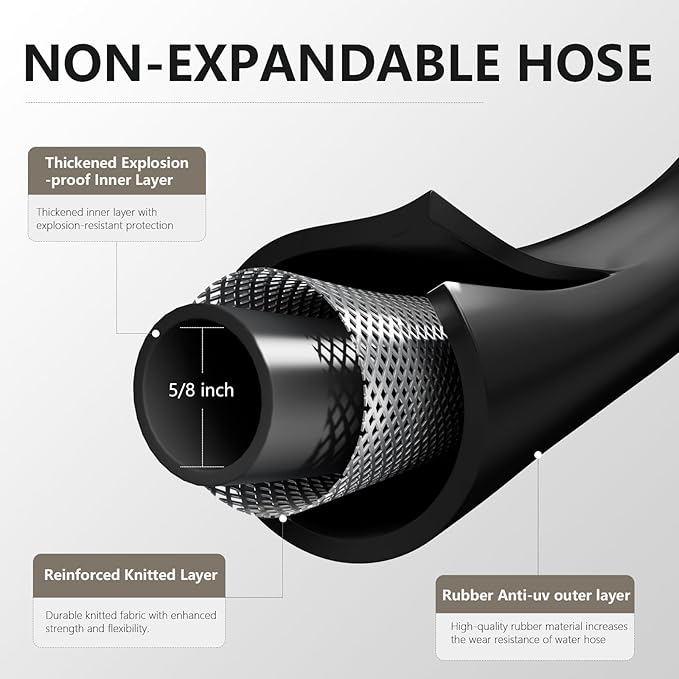 Garden Hose 5/8" x 50ft - No-Kink Flexible Water Hose 600 PSI Burst Pressure, Lightweight & Durable for Yard, Car Wash, Pets Black
