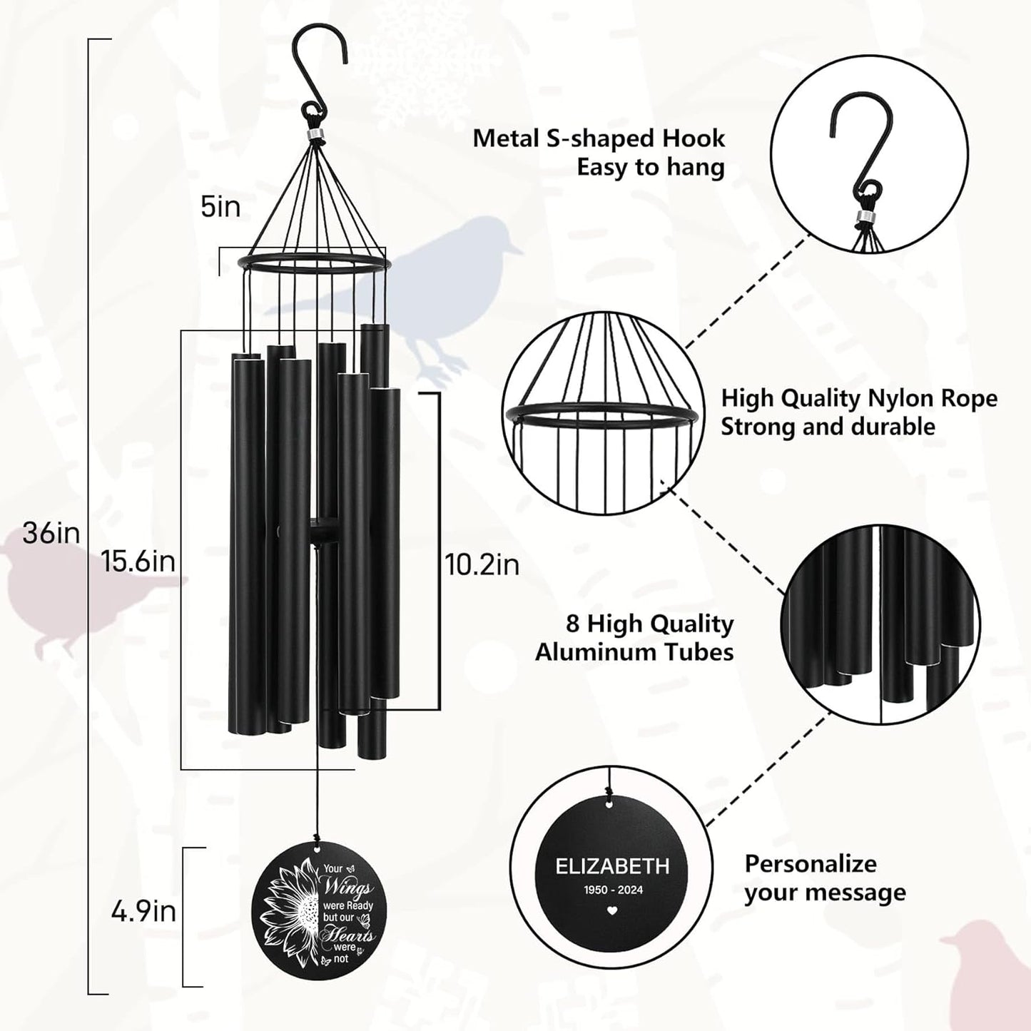 Personalized 36" Healing Memorial Wind Chimes for Outside, Bereavement Gift of Comfort for Loss of Mother, Father or Husband, A Soothing Remembrance for Your Garden and Patio