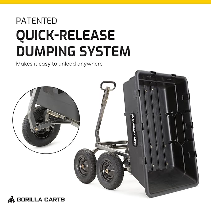 Gorilla Carts Heavy-Duty Poly Yard Dump Cart, 10 Cu Ft Tub, 1500 lb Haul Capacity, Black – Towable Utility Wagon with Quick-Release Dumping & Pneumatic Tires for Landscaping and Gardening