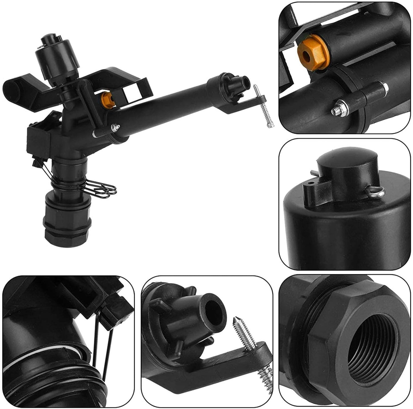 Rocking Arm Sprinkler, 1.5in DN40 to 1in DN25 Female Thread Adjustable 360 Degree Rotating Rocking Arm Impact Mini Sprinkler with Nozzle Set