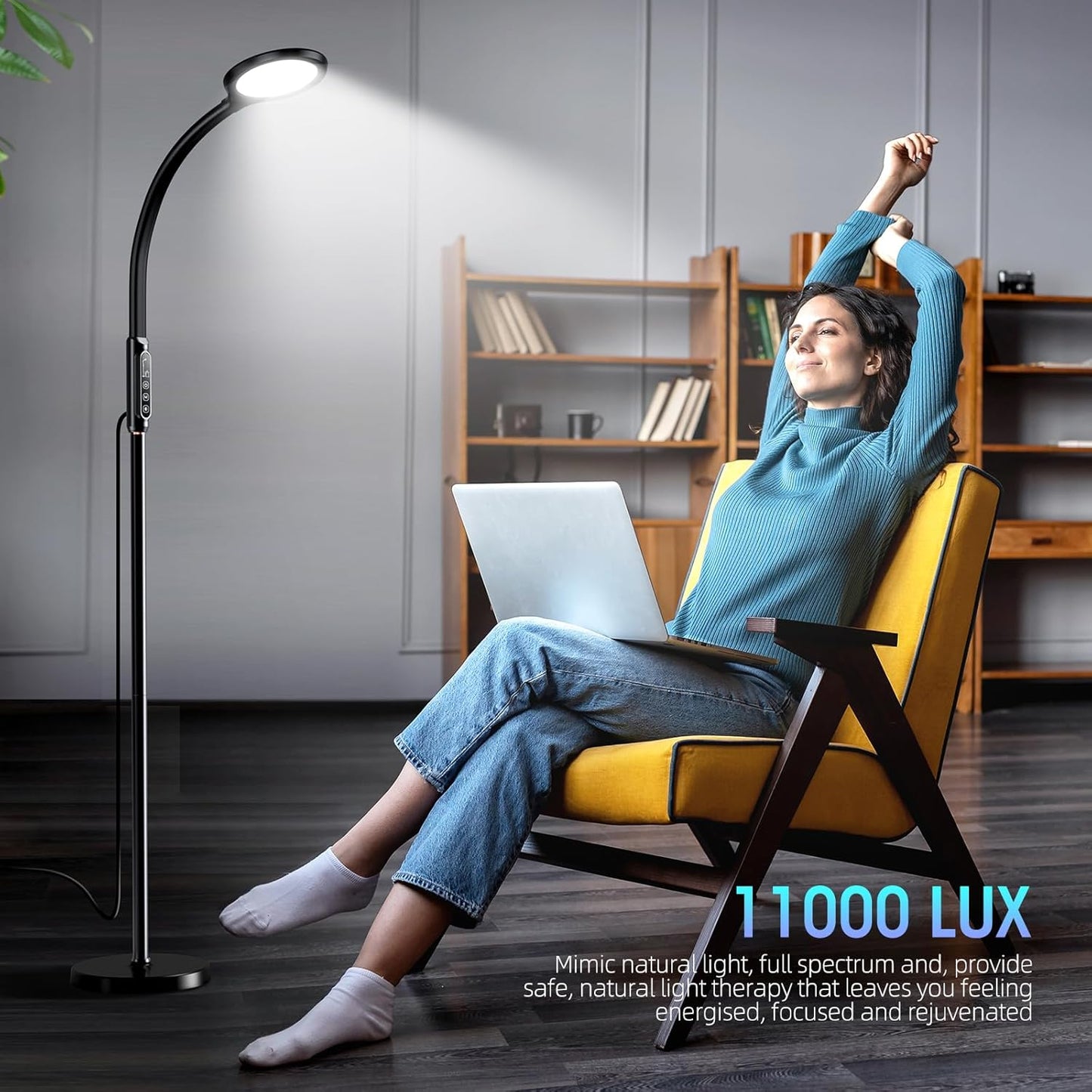 Happy Light Therapy lamp 11000 Lux, LED UV-Free Sunlight lamp,Full Spectrum Happy Therapy lamp with 10 Adjustable Brightness Levels, 2 in 1 Retractable Floor Sad Lamp (Black)