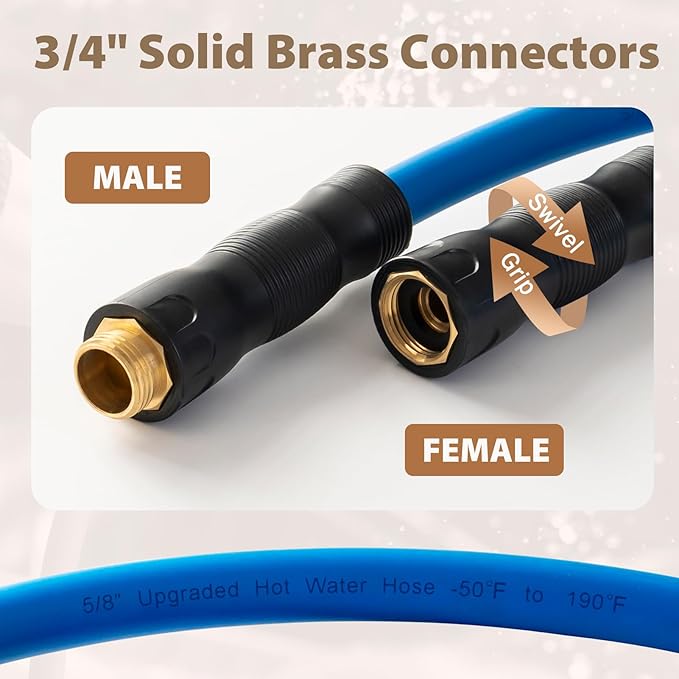 5/8" Hot/Cold Water Hose 25ft, -50℉ To 190℉ Heavy Duty,Flexible,Burst 600 Psi 3/4" Brass Fittings with Swivel Grip Handle for Outdoor,Yard, Farm, Blue