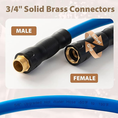 5/8" Hot/Cold Water Hose 100 ft, -50℉ To 190℉ Heavy Duty,Flexible,Burst 600 Psi 3/4" Brass Fittings with Swivel Grip Handle for Outdoor,Yard, Farm, Blue