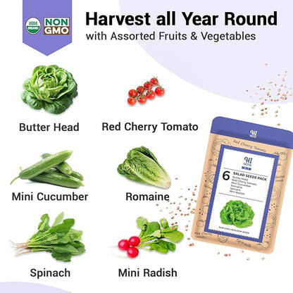 Salad Seed Pod Kit, Grow Anything Kit for All Hydroponics Growing Systems, 14 Pods with 600+ Seeds of Red Cherry Tomato, Butter Head, Romaine, Spinach, Mini Cucumber and Radish