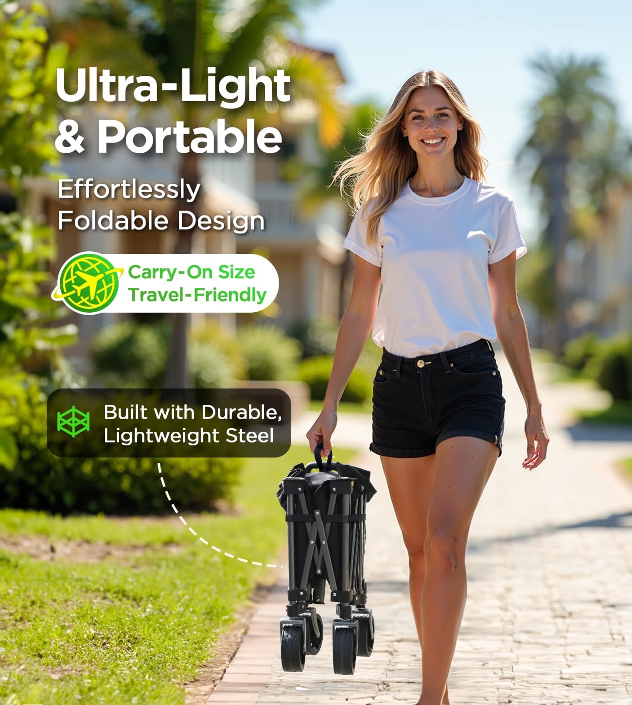 Beach Wagon,Collapsible Wagon 220lbs with Big Wheels FoldableWagon Carts,Portable Utility for Garden Grocery Sports Camping All Terrain-Black