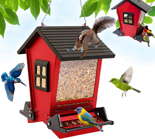 LSCQYYCC-Bird Feeder Squirrel Proof Metal Hanging for Outdoor Wild Bird Seed, with Bilateral Weight-Activated Perches, Large Feeder That Attracts Cardinals, Chickadees, and More Birds-One in red