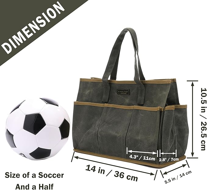 Tool Tote Bag, Heavy Duty 16oz Waxed Canvas Garden Tool Bag | Portable 11-Pocket Tool Storage Bag for Gardener Electrician Contractor Repairman (14"L x 5.5"W x 10.5"H) – Army Green